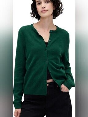 Gap CashSoft Sweater Cardigan Evergreen Green Crew Neck Crop Cropped Small